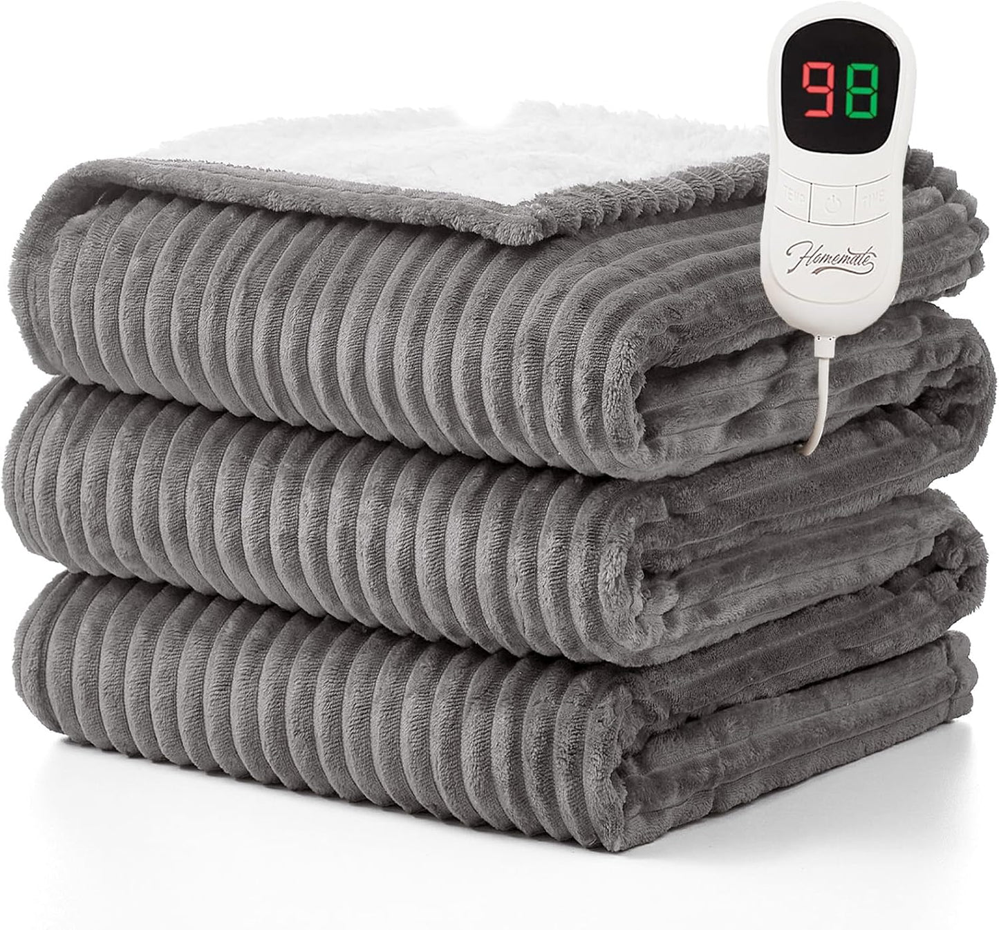 Homemate Heated Blanket Electric Throw - 50"x60" Heating Blanket Throw 1/2/4/6/8 Hours Auto-Off 10 Heat Levels Over-Heat Protection Soft Flannel Sherpa Heater ETL Certification