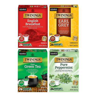 Twinings 96 K-Cup Pods Variety Pack 24 Count (Pack of 4), English Breakfast, Earl Grey, Green, and Pure Peppermint Tea for Keurig and Single Cup Brewers, Enjoy Hot or Iced