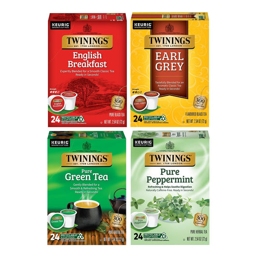 Twinings 96 K-Cup Pods Variety Pack 24 Count (Pack of 4), English Breakfast, Earl Grey, Green, and Pure Peppermint Tea for Keurig and Single Cup Brewers, Enjoy Hot or Iced