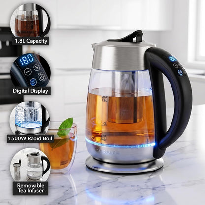 OVENTE 1.7L Glass Electric Kettle with Tea Infuser, Silver KGD913S