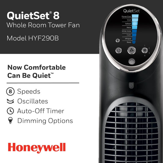 Honeywell QuietSet Whole Room Tower Fan, Oscillating Tower Fan with Remote, Black, HYF290B