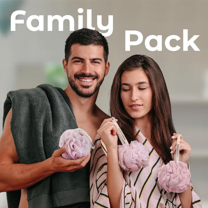MainBasics Bath Shower Loofah Sponge Pouf Body Scrubber Exfoliator Body Wash Sponge (Set of 3, Airy Blossom)
