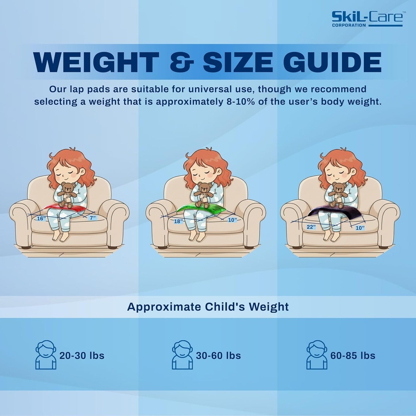 Skil-Care Gel Weighted Lap Pad, Tactile Visual Sensory, Wipe-Clean, 5 lb | Heat-sealed gel fill, wipe-clean vinyl cover, 10 x 18 in, light green, seated use at home, in the classroom, and road trips