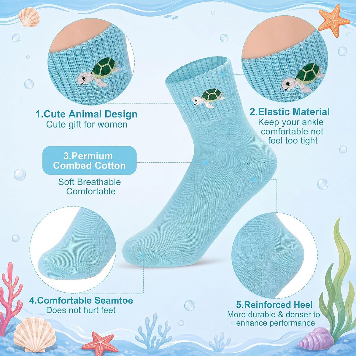 Eurzom 10 Pairs Socks Womens Crew Elastic Ankle Length Cotton Socks Aesthetic Cute Lightweight Low Cut Gifts for Women - Colors B