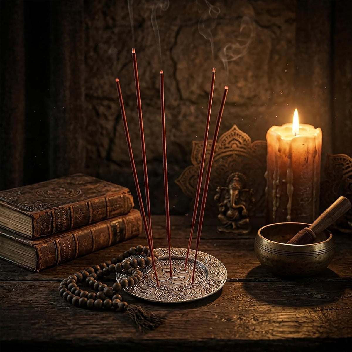 Hosley Tibetan Style Aluminum Incense Burner & Candle Holder - Aged Silver Finish, 4.5" Diameter Incense Stick Holder for Aromatherapy, Meditation & Home Decor