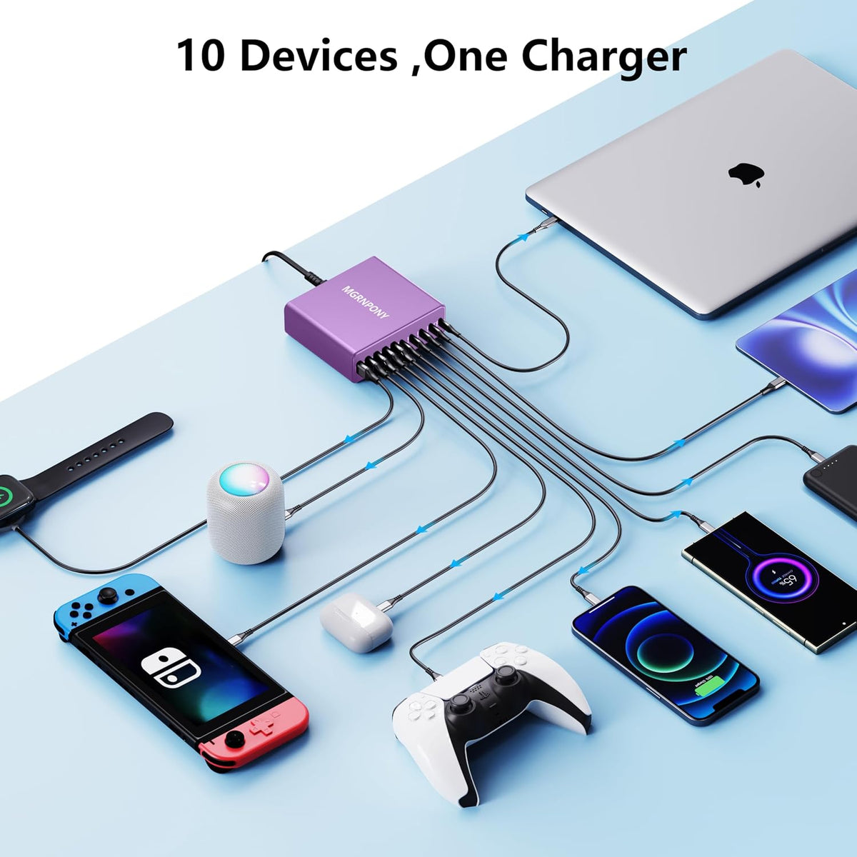 320W USB C Charger Block, MGRNPONY 10-Port GaN USB C Charging Station Black