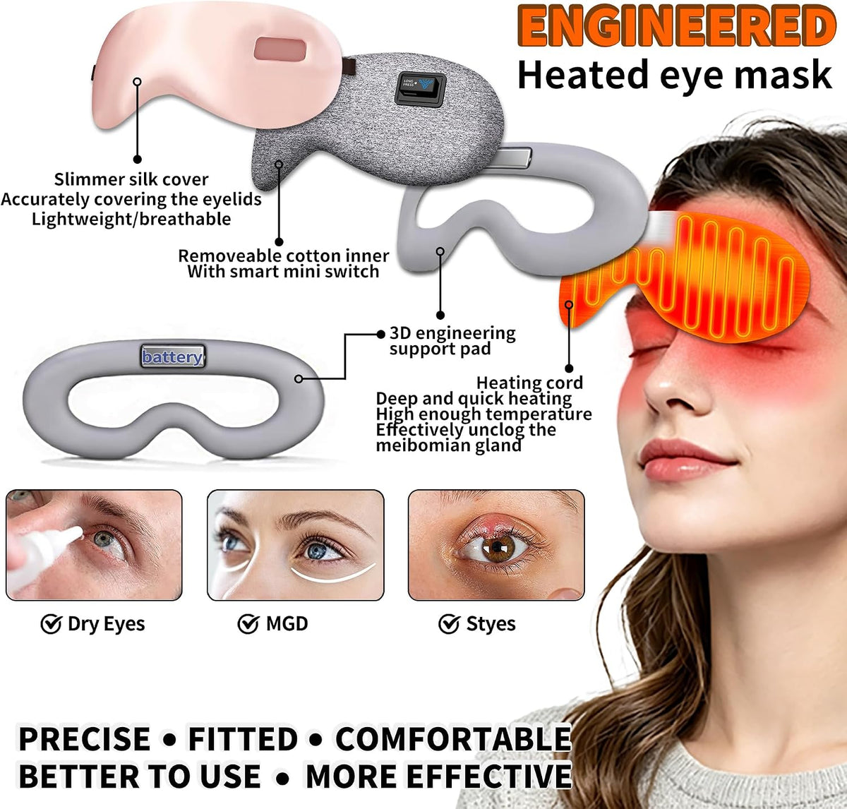 Cordless Heated Eye Mask for Dry Eyes, Precise Heating Fits Eyelids Well, FSA-HSA Eligible,Rechargeable Warm Eye Compress for MGD, Styes Relief,Slimmer Silk Sleep Eye Mask, Washable