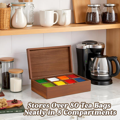 Acacia Wood Tea Bag Organizer Box – 8-Compartment Tea Storage Container Tea Caddy Holder with Removable Dividers – Rustic Tea Chest for Kitchen Counter, Coffee & Tea Station, Gifts
