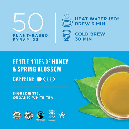 Teatulia Organic White Tea Bags (50 Wrapped Pyramid Sachet Teabags) Sustainably Grown in Bangladesh