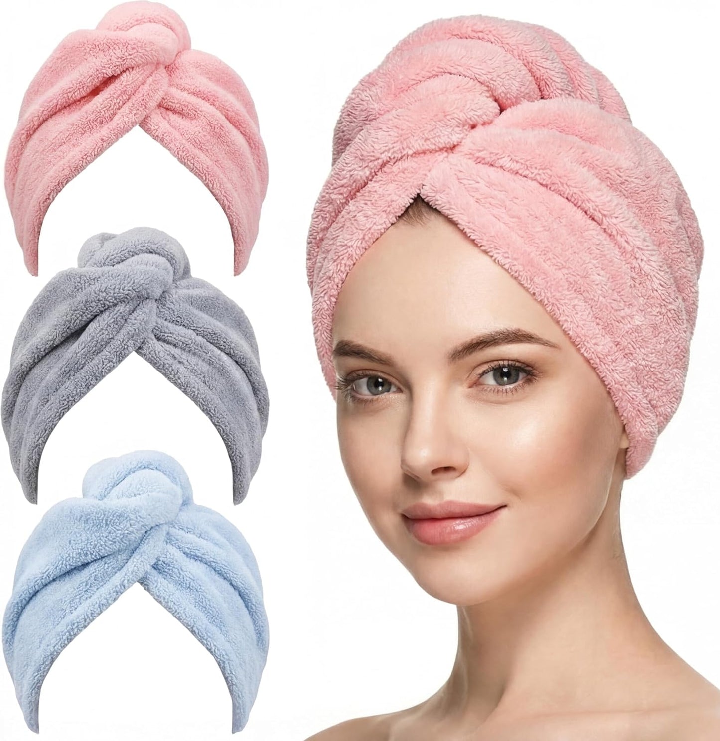 3 Pack Microfiber Hair Towel Wrap for Women 26 x 10 in | Hair Drying Towel with Button |Hair Turban Towel Quick Dry Coral Fleece Head Towels (Pink + Blue + Grey)