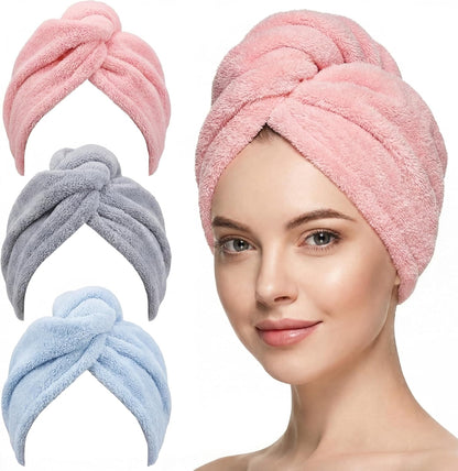 3 Pack Microfiber Hair Towel Wrap for Women 26 x 10 in | Hair Drying Towel with Button |Hair Turban Towel Quick Dry Coral Fleece Head Towels (Pink + Blue + Grey)