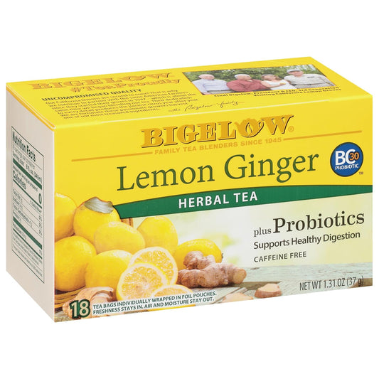 Bigelow Tea Lemon Ginger plus Probiotics Herbal Tea, Caffeine Free Tea, 18 Total Tea Bags (Pack of 1)