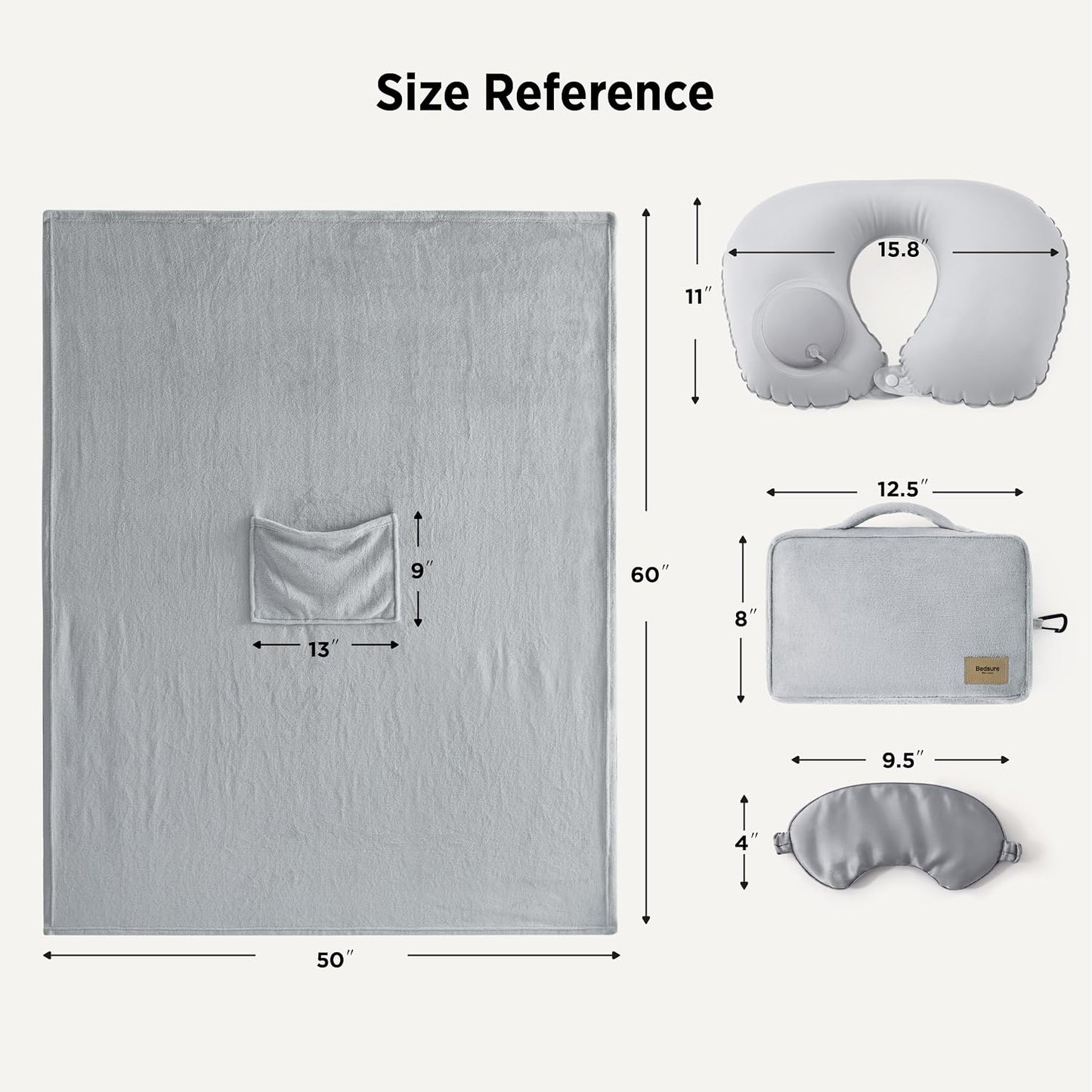 Bedsure Travel Blanket Set with Inflatable Neck Pillow and Eye Mask, Grey