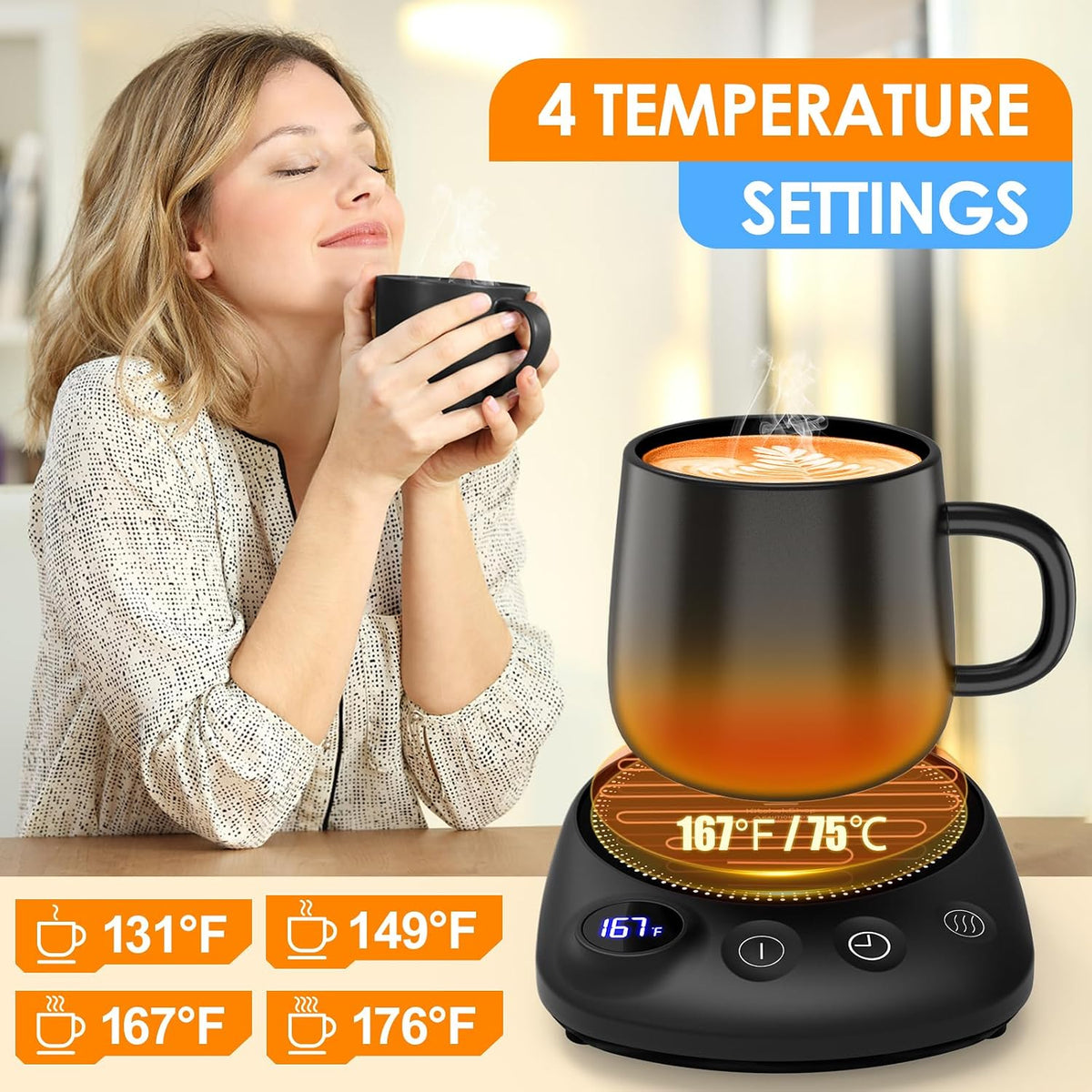 Coffee Mug Warmer - Fastest Heating & Highest Temperature, Coffee Cup Warmer for Desk Auto Shut Off, 4 Temp Settings & 1-12H Timer, Smart Electric Beverage Warmer for Coffee, Tea (Blue)