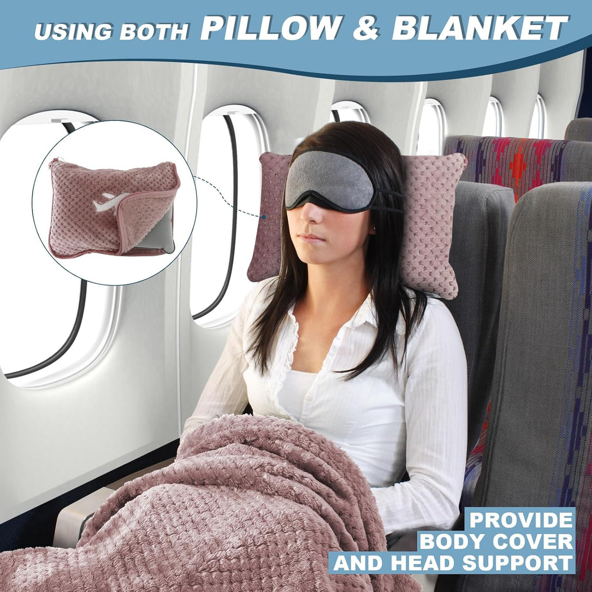 Travel Blanket Airplane Compact with Bag, Travel Essentials 3 in 1 Packable Airplane Blanket, Travel Pillow and Blanket Set, Inflatable Pillow, Luggage Sleeve & Backpack Clip (Light Grey)