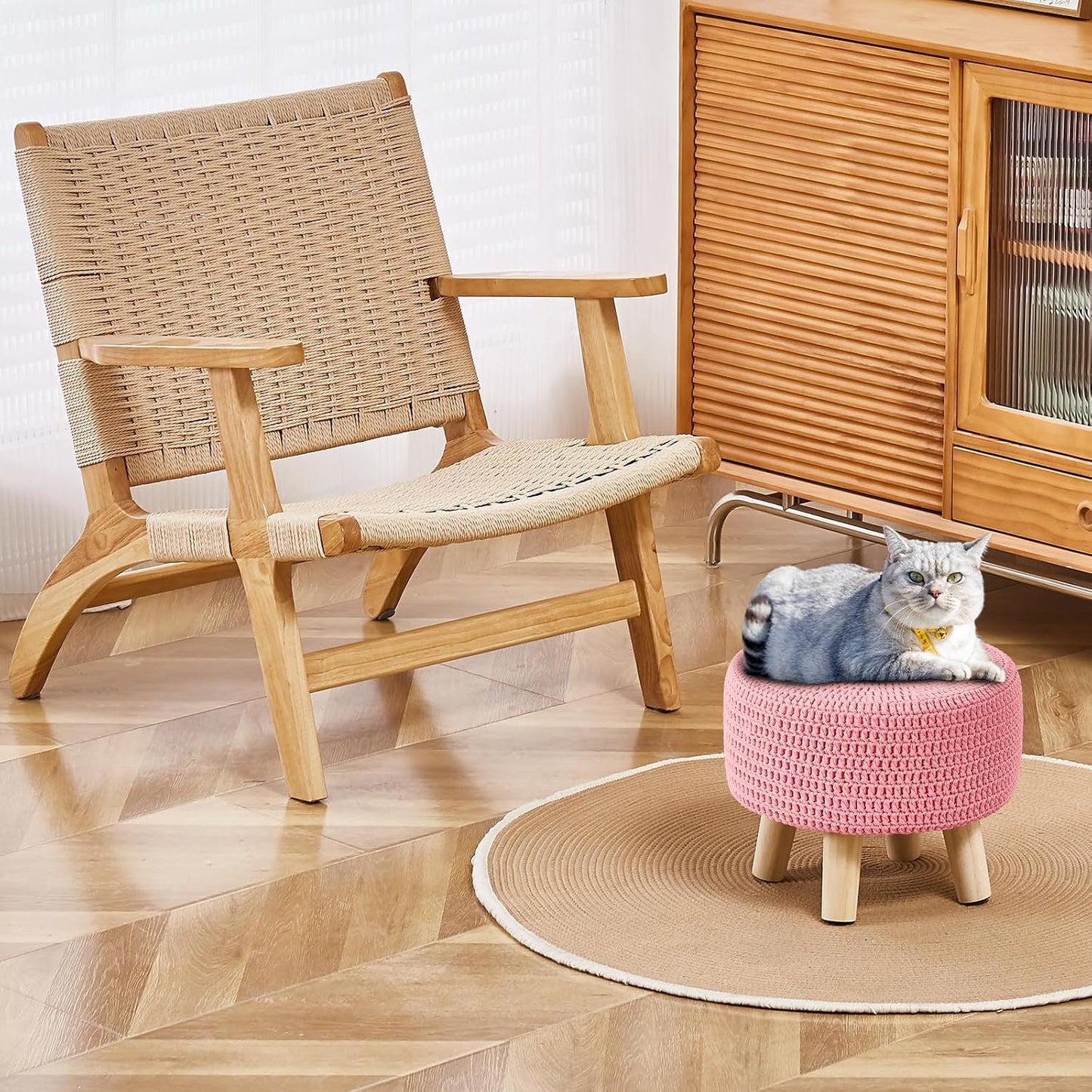Wimarsbon Pouf Ottoman, 100% Cotton Knitted Boho Footstool, Round Footrest with Non-Skid Wood Legs, Home Décor Handmade Pouffe, Leisure Floor Step Stool for Living Room (Beige)