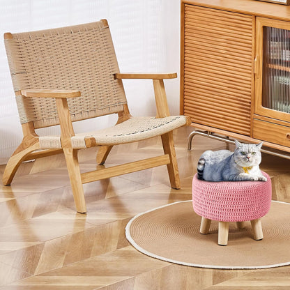 Wimarsbon Pouf Ottoman, 100% Cotton Knitted Boho Footstool, Round Footrest with Non-Skid Wood Legs, Home Décor Handmade Pouffe, Leisure Floor Step Stool for Living Room (Beige)