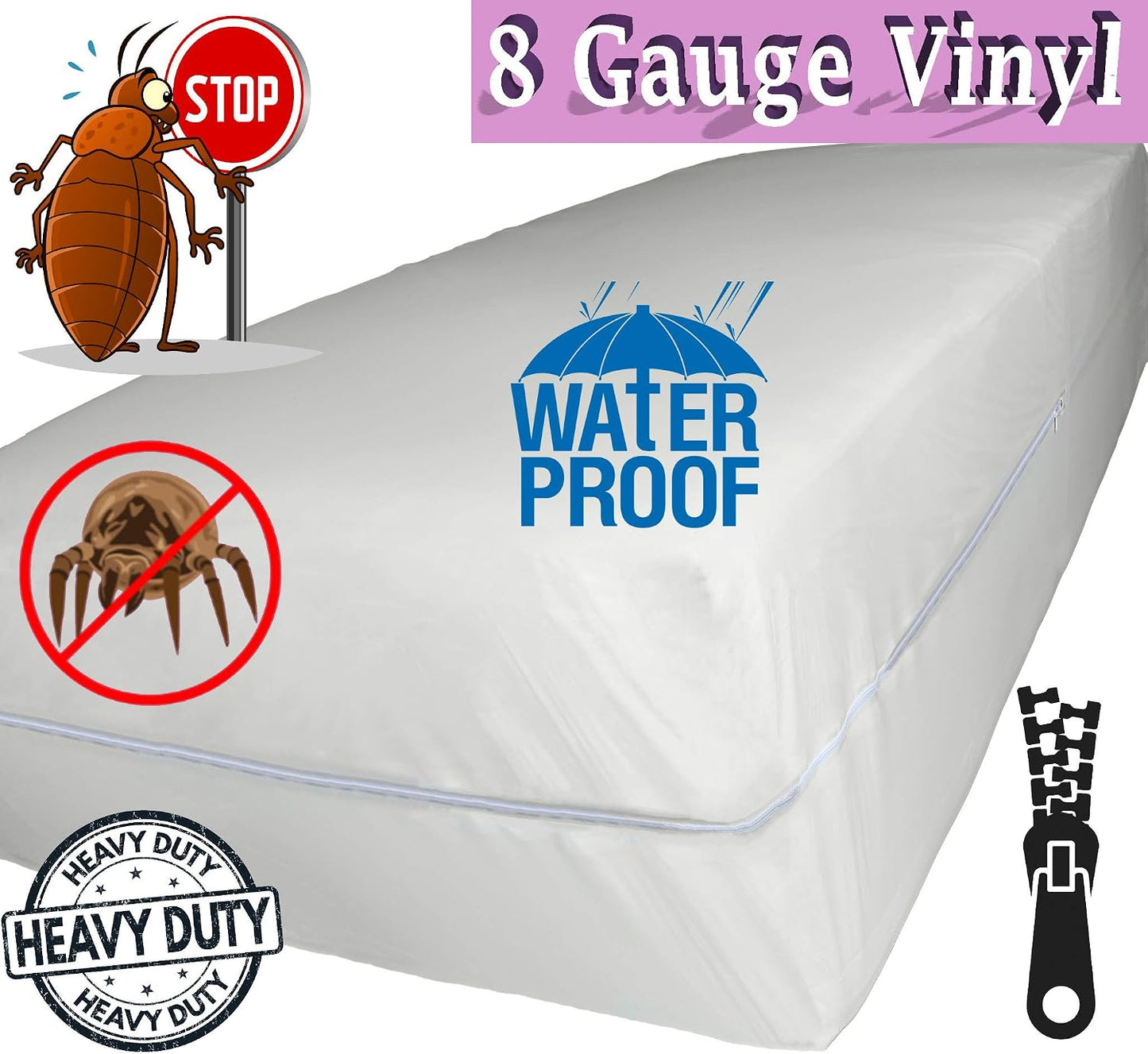 Superior Extra Heavy 8 Gauge Vinyl Mattress Protector Zippered Encasement Cover 100% Waterproof Twin White