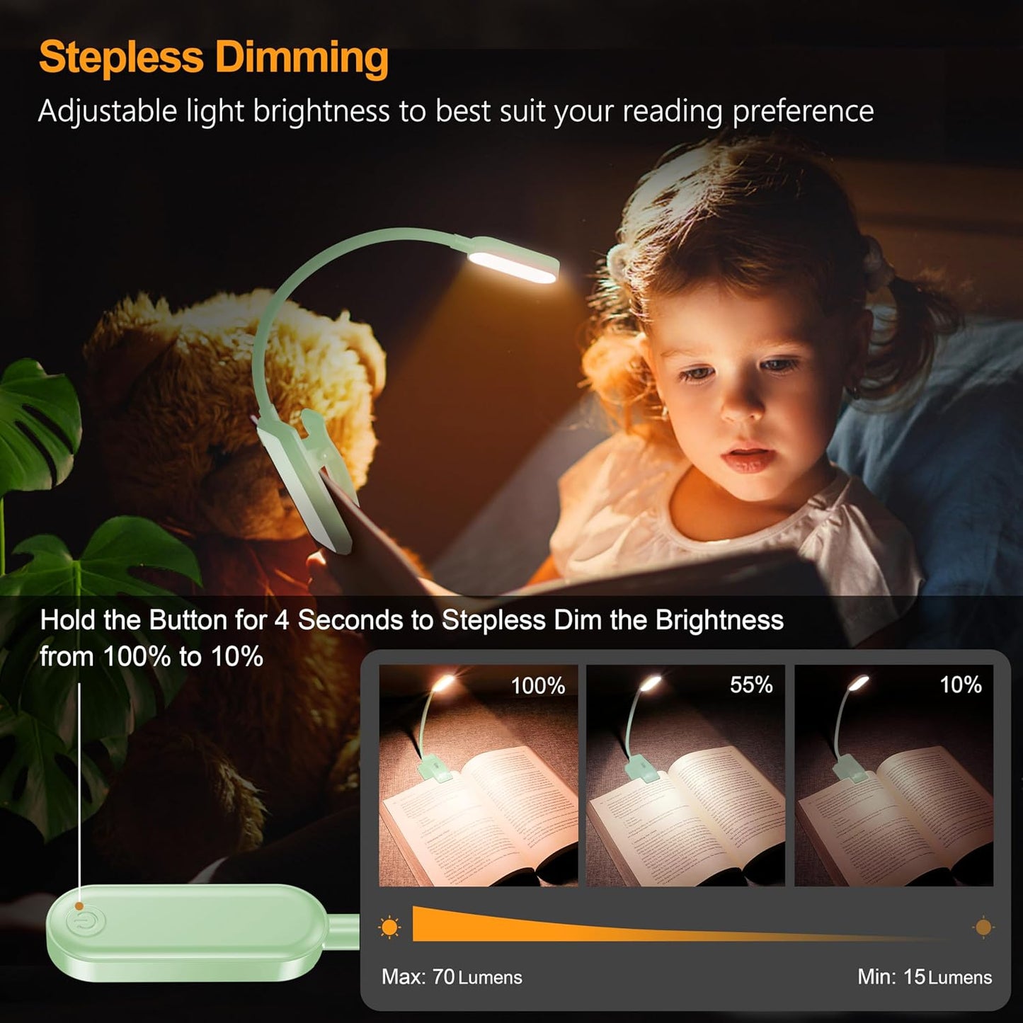 Gritin 16 LED Rechargeable Book Light for Reading in Bed- Eye Caring 3 Color Temperatures, Stepless Dimming Brightness, 80 Hrs Runtime, Lightweight Flexible Clip on Light for Book Lovers