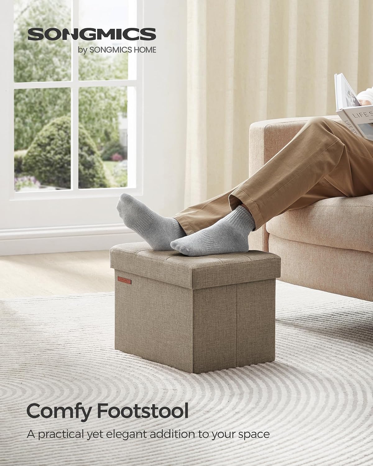 SONGMICS Mazie Collection - Small Folding Storage Ottoman, Foot Rest Stool, 12.2 x 16.1 x 12.2 Inches, 286 lb Load Capacity, for Living Room, Bedroom, Home Office, Dorm, Dark Gray ULSF102G01