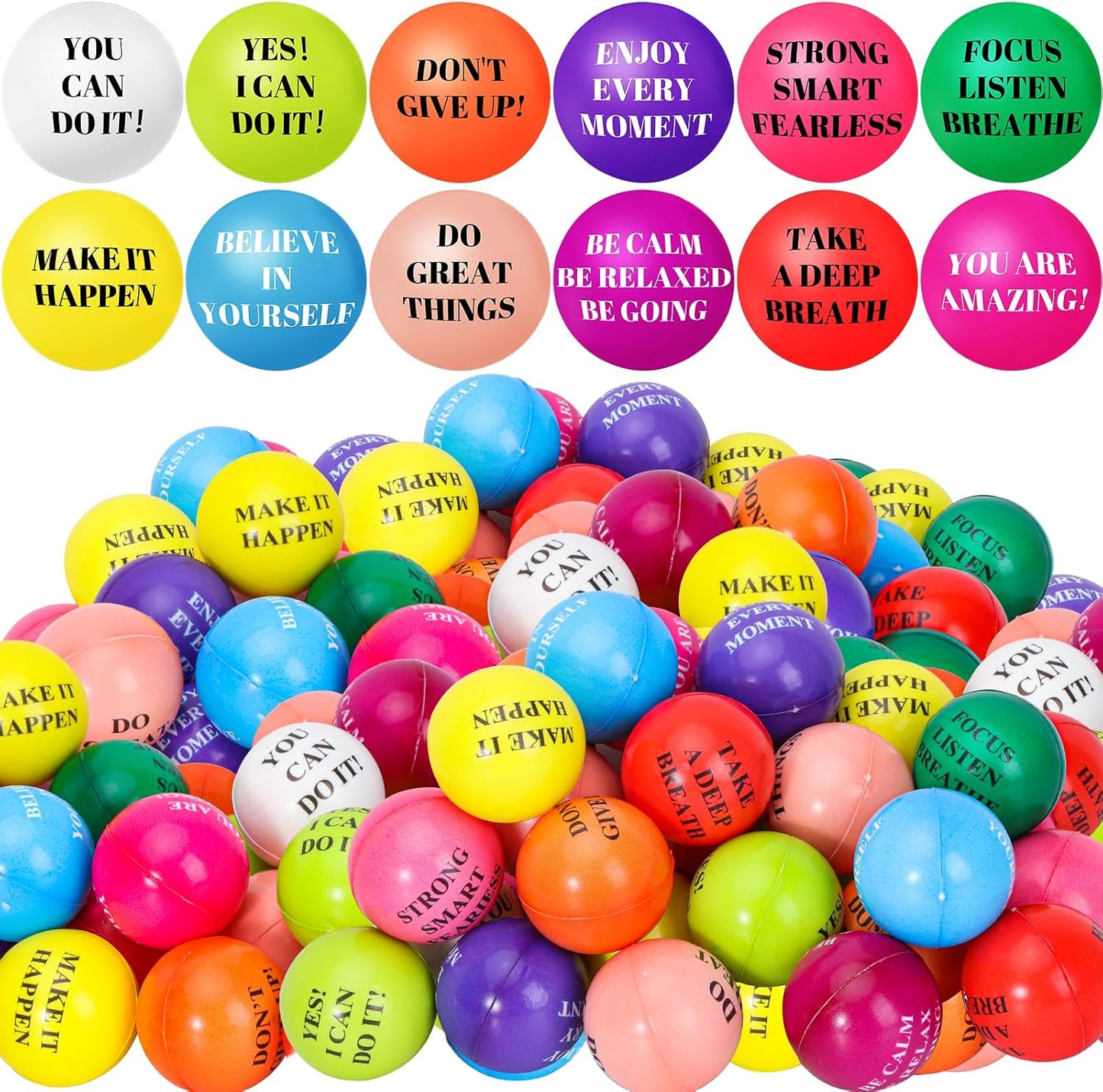96 Pieces Motivational Stress Balls 2 Inch Inspirational Stress Relief Ball Bulk Hand Exercise Balls Encouraging Colorful Foam Balls Anxiety Small Balls with Quotes for Kids Adults Teens, 12 Styles