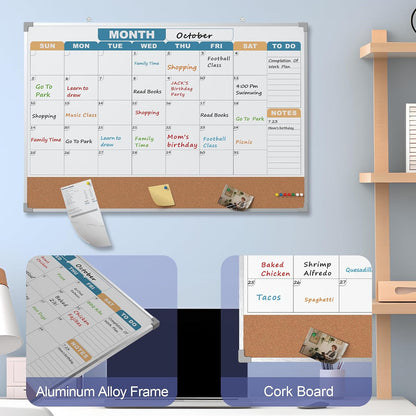 Monthly Calendar Dry Erase Board 16x12 Inch, Double-Sided Whiteboard and Corkboard Combo, Wall Mounted Planner Organizer with Markers, Magnets, Push Pins, Eraser, for Home Office School