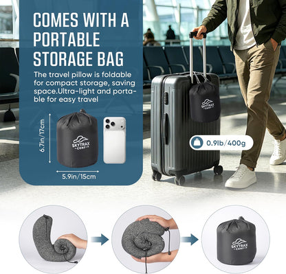 SkytraxComf® Travel Neck Pillow with Hood for Privacy on Long Flights | Memory Foam | Airplane Sleep | Safety-Tested Materials | Extra Large Hood | Chin Support | Earplugs | Washable Cover
