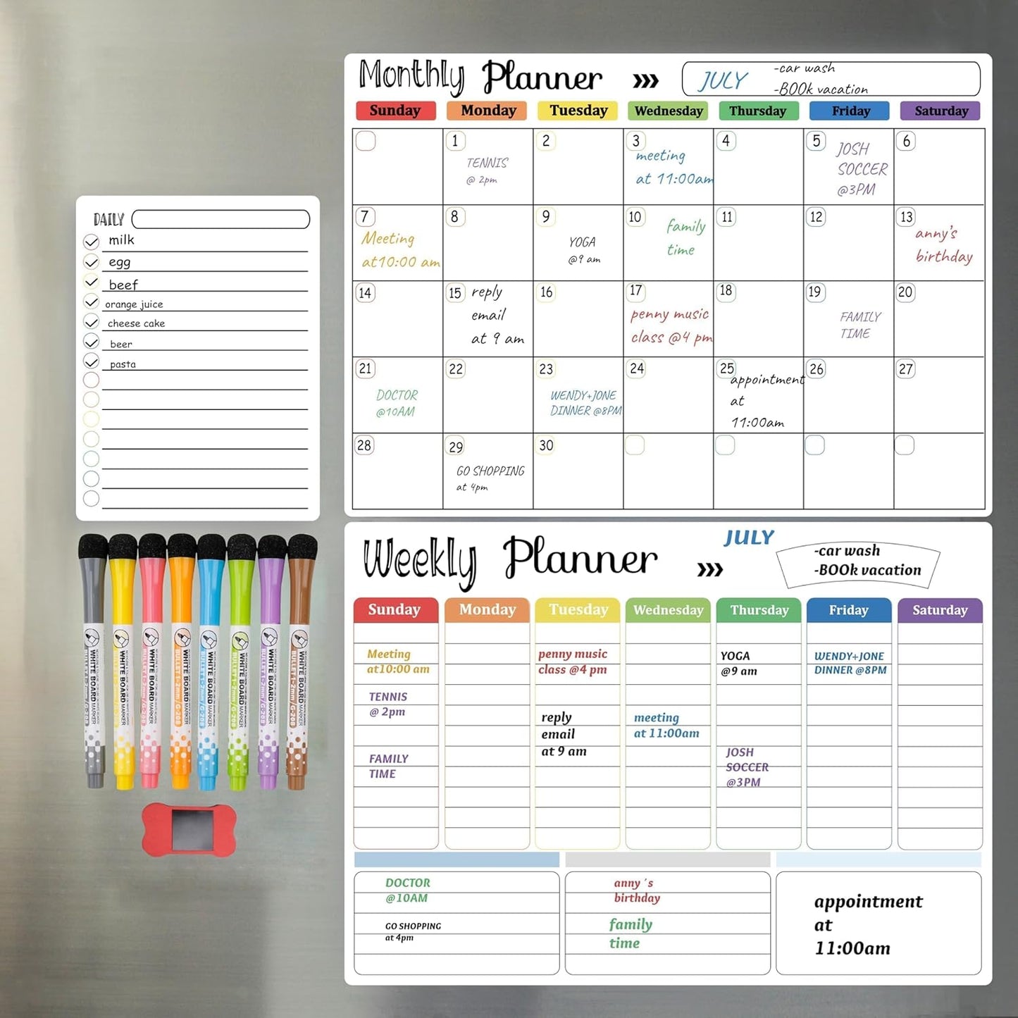 Hivillexun Magnetic Black Dry Erase Calendar White Board Set (3-Pack) - Monthly, Weekly Planners & Daily Notepad for Fridge, Home & Office, Includes 8 Markers