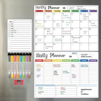 Hivillexun Magnetic Black Dry Erase Calendar White Board Set (3-Pack) - Monthly, Weekly Planners & Daily Notepad for Fridge, Home & Office, Includes 8 Markers