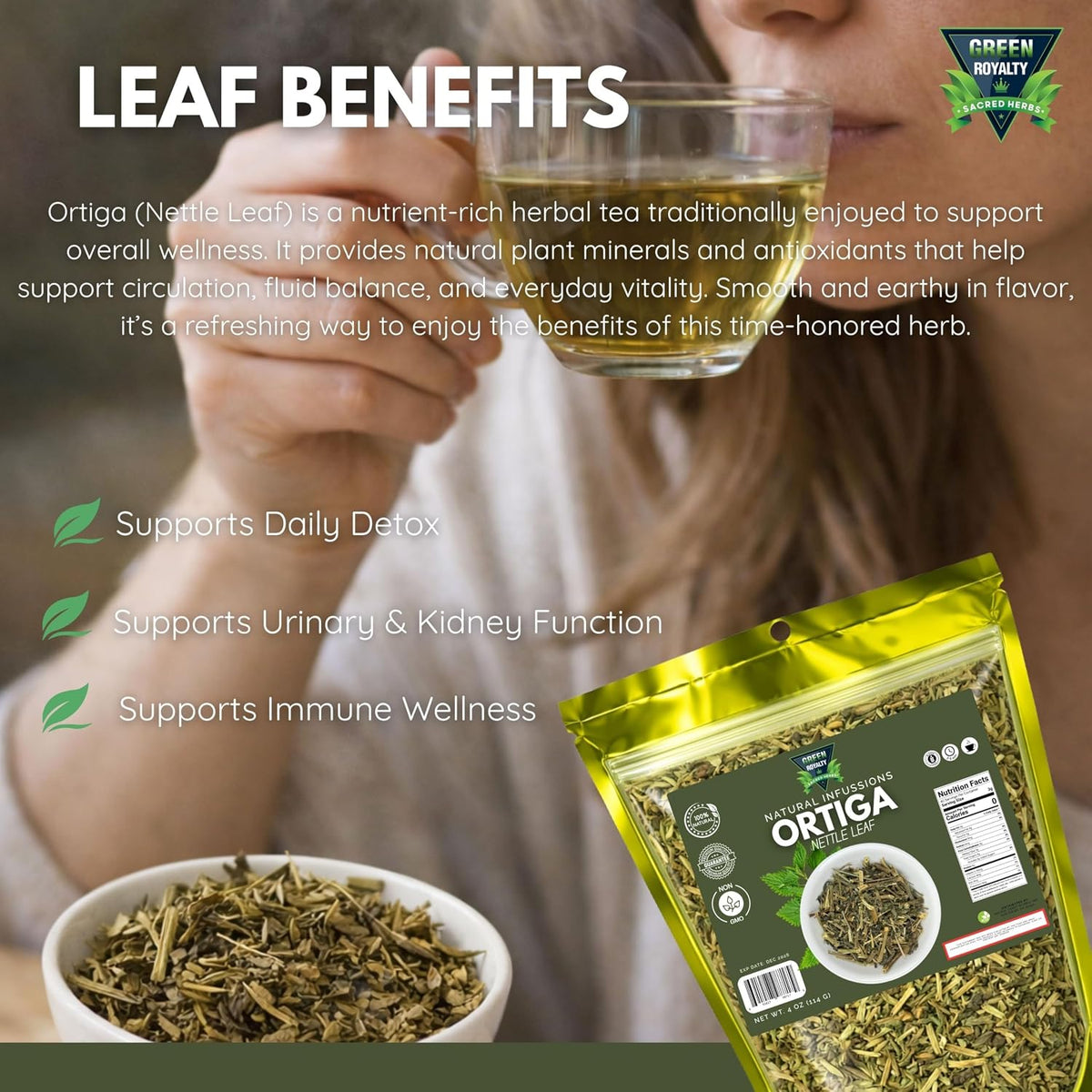 Green Royalty Ortiga (Nettle Leaf) Herbal Tea – Natural Dried Nettle Leaf for Tea & Infusions – 4 oz (114 g)