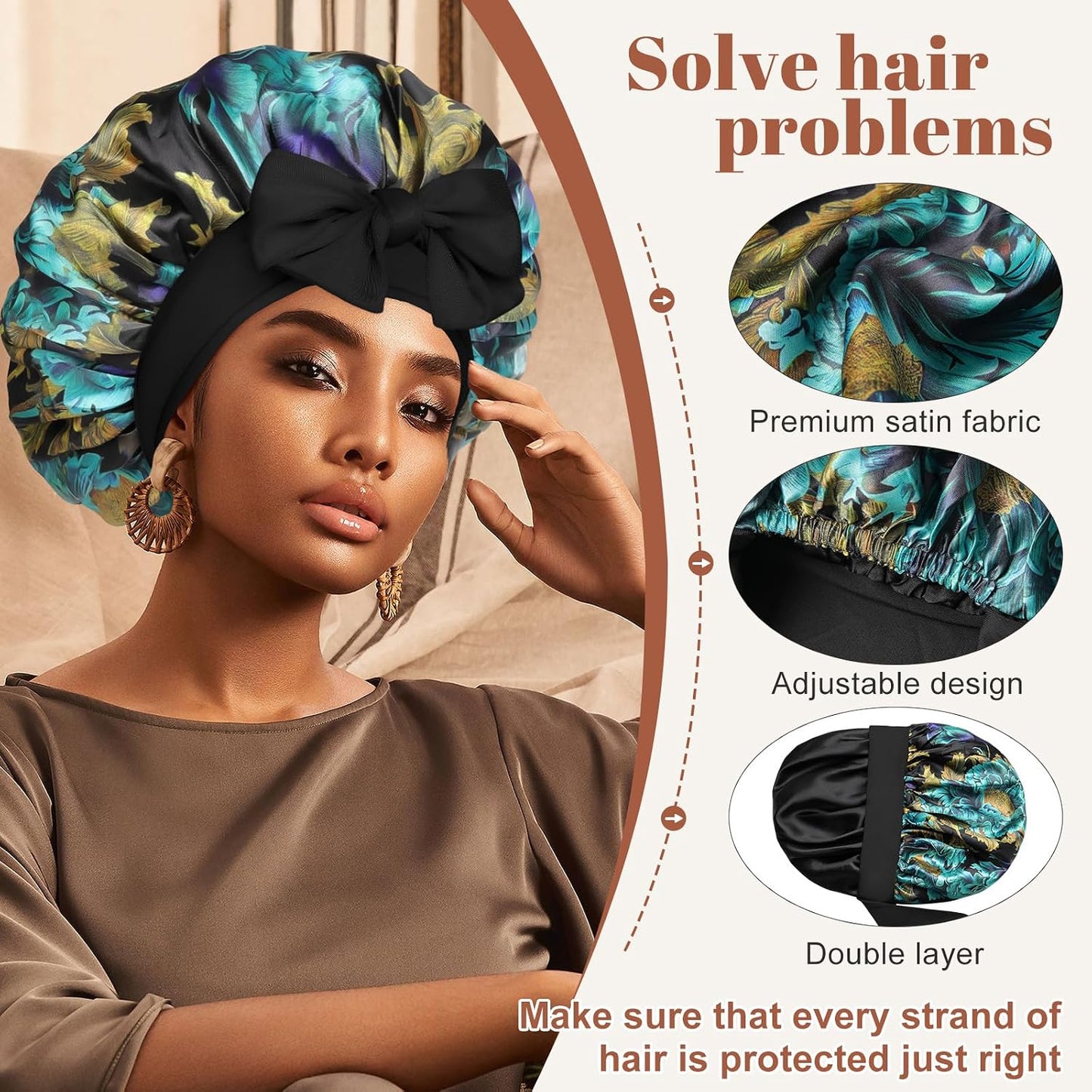 Satin Bonnet for Sleeping Cap Double Layer Hair Bonnet with Elastic Tie Band for Curly Hair Night Cap (Bean Paste + Pink)