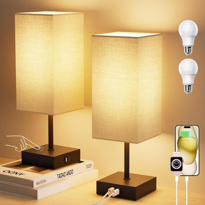 Table Lamp for Bedroom, 3 Way Dimmable Touch Bedside Lamp, Small Lamp with 2 USB C+A Charging Ports, Black Nightstand Lamps for End Table, Living Room, Desk, Bulb Included