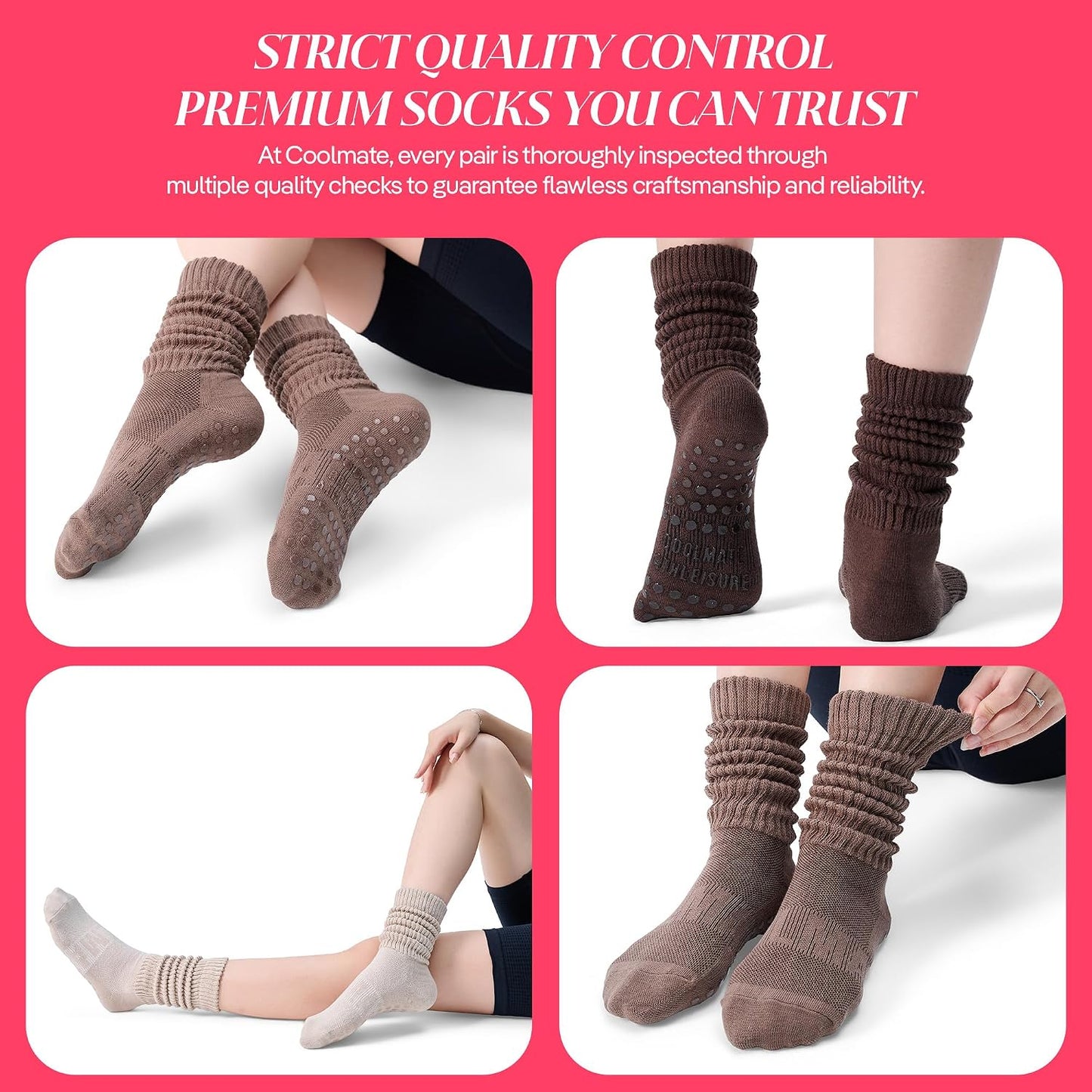 COOLMATE Pilates Socks with Grips for Women, Yoga Socks, Crew Non Slip Women for Barre, Pilates Gifts for Women - Colors A