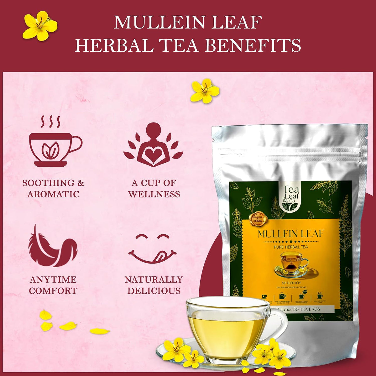 Mullein Leaf Herbal Tea 100gm/3.5oz, Natural Herbal Infusion, 50 Tea Bags
