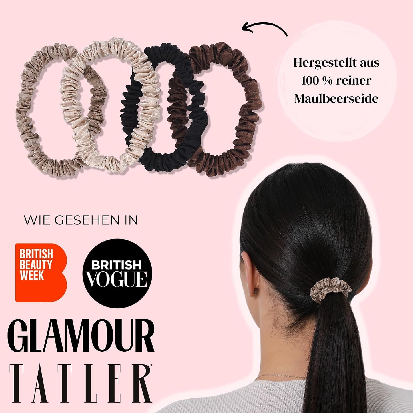 SILKIE x4 Set - Forget Satin - 100% Pure Mulberry Silk Black Brown Skinny Scrunchies Travel Pouch Everyday Hair Ties Elastics Hair Care Ponytail Holder No Damage (Chocolate)