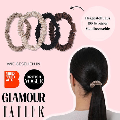 SILKIE x4 Set - Forget Satin - 100% Pure Mulberry Silk Black Brown Skinny Scrunchies Travel Pouch Everyday Hair Ties Elastics Hair Care Ponytail Holder No Damage (Chocolate)