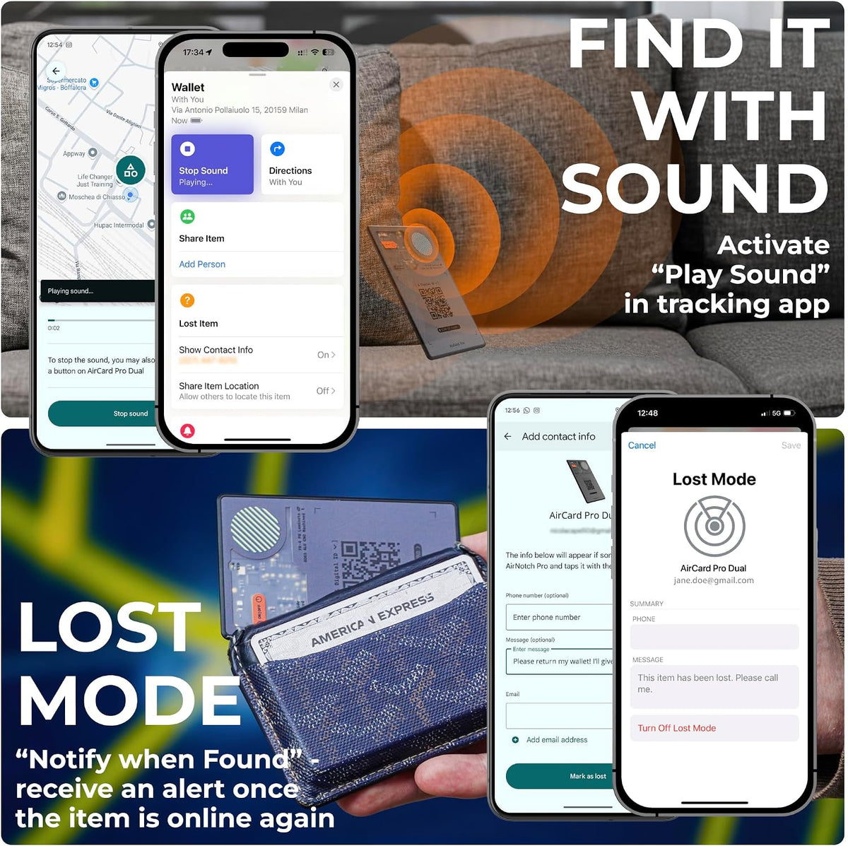 Rolling Square AirCard Pro Dual - Bluetooth Wallet Tracker - Compatibile with Both Apple iOS Find My and Google Android Find Hub – Wireless Charging, Anti-Loss Card – Smart Locator, Gray