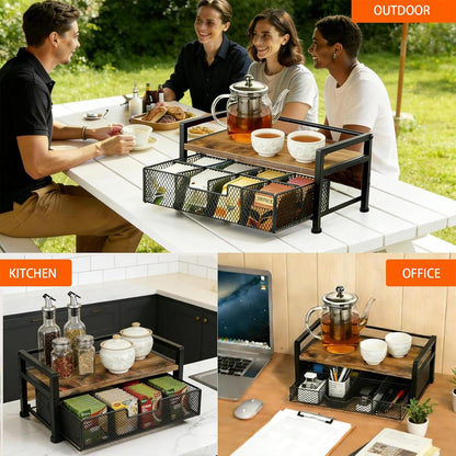 Tea Bag Organizer for Kitchen Countertop, Wooden Tea Box Organizer with Drawer and Top Tray, Tea Station Organizer, Tea Bag Holder and Tea Storage Box for Coffee Bar, Pantry, Rustic Brown