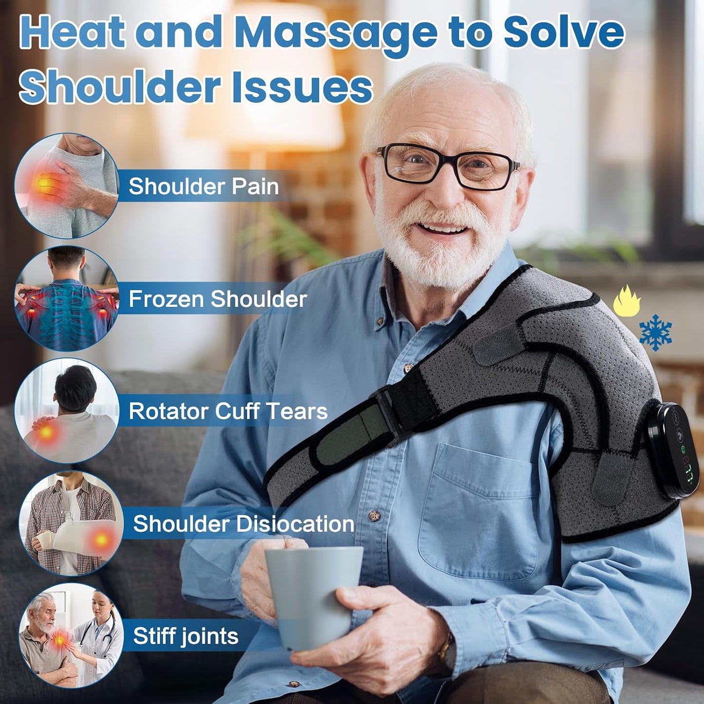Cordless Shoulder Heating Pad & Massager, Electric Heated Shoulder Brace Wrap, Heating Pads for Rotator Cuff and Frozen Pain Relief,5000mAh Chargeable Powered, Men & Women(Black)