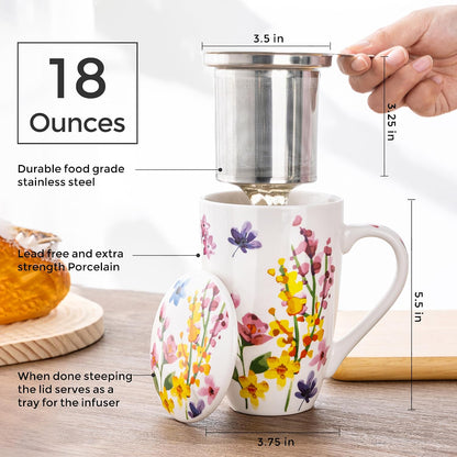 GBhome Tea Mug with Infuser and Lid, 18 Ounce Large Ceramic Loose Leaf Cup, Microwave, Dishwasher Safe, Perfect for Tea Lovers