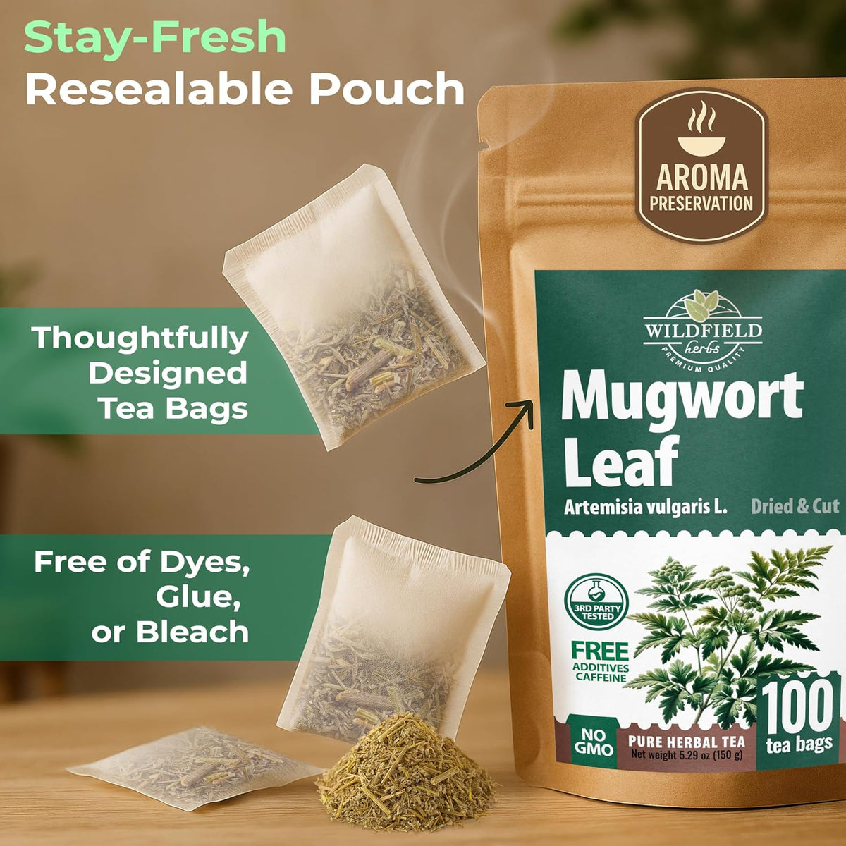 100 Bags Dried Mugwort Tea Mugwort Herb (Artemisia Vulgaris) - 100 Count 1.5g Bags Artemisa