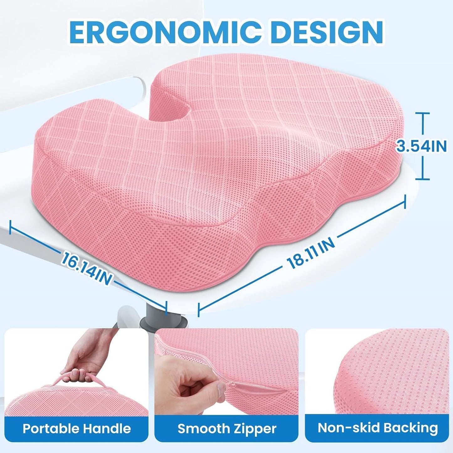 TushGuard Seat Cushion - Memory Foam Sitting Pillow for Office Chair, Car Seat, Airplane, Bleacher - Sciatica & Hip & Coccyx Pain Relief Desk Chair Cushion for Long Sitting Office Workers, Car Drivers