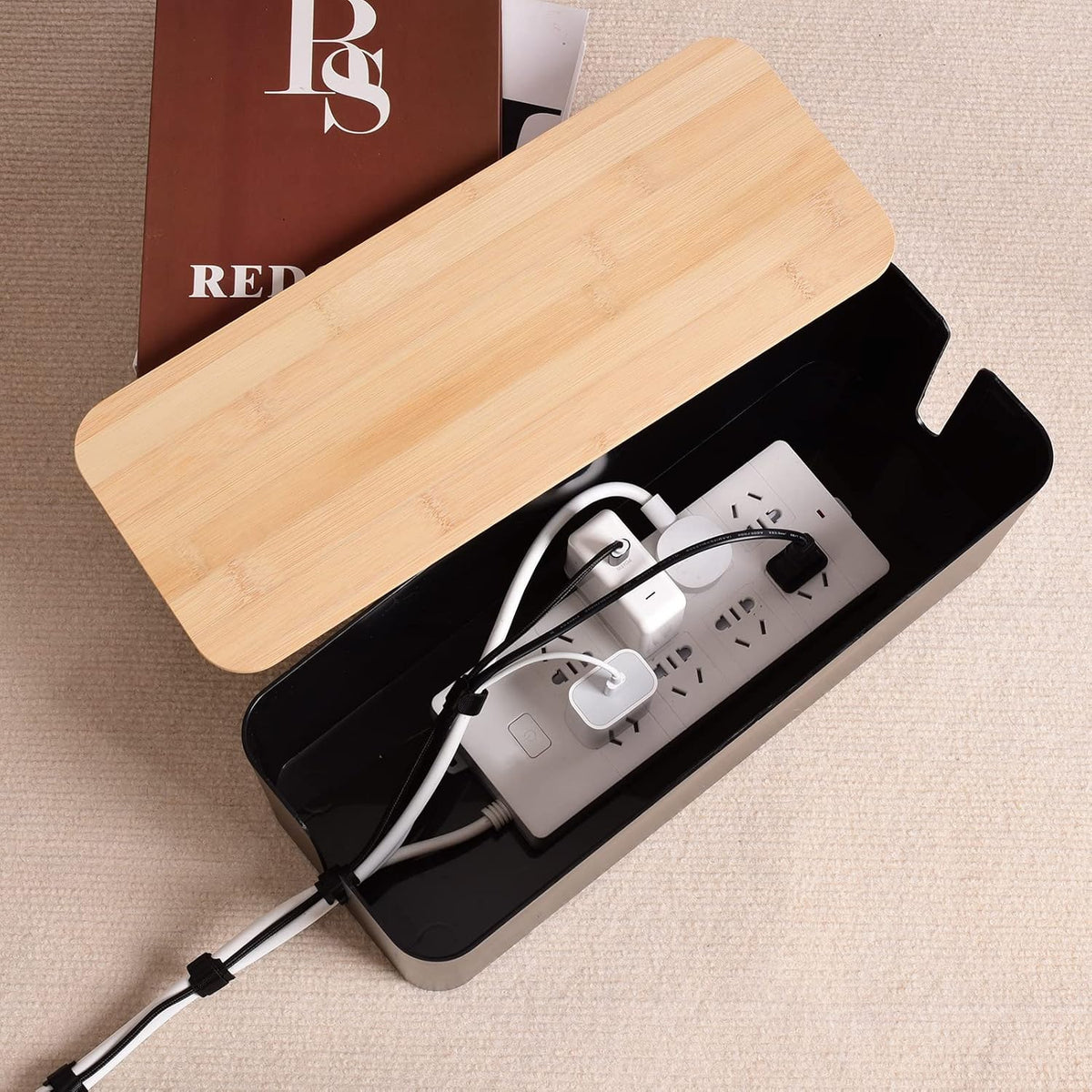 Tuwechen Cable Management Box, Wooden Style Large Cord Organizer Box