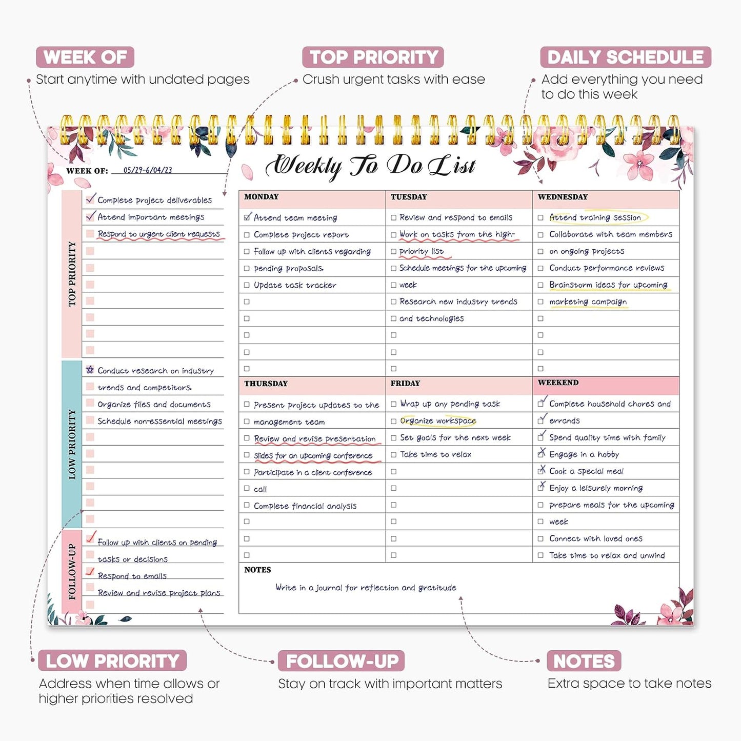 Taja Weekly To Do List Notepad with 52 Undated Sheets（8.5"×11"）- Weekly Desk Planner for Women & Man, Work and Home -1 Pack Violet Dream