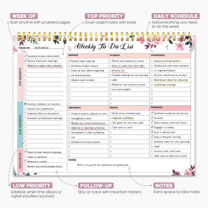 Taja Weekly To Do List Notepad with 52 Undated Sheets（8.5"×11"）- Weekly Desk Planner for Women & Man, Work and Home -1 Pack Violet Dream