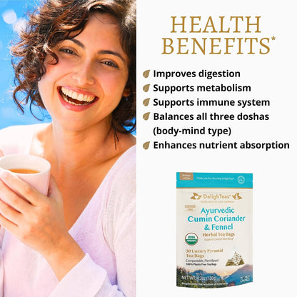 DelighTeas Organic Digest & Detox CCF Tea | Eco-friendly, Compostable Pyramid Tea Bags | Ayurvedic Cumin, Coriander, Fennel Tea | USDA Organic, Caffeine Free, Kosher | 30 Tea Bags, 4g each