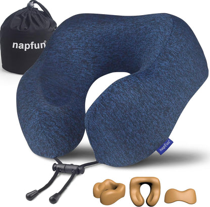 napfun Neck Pillow for Traveling, Upgraded Travel Neck Pillow for Airplane 100% Pure Memory Foam Travel Pillow for Flight Headrest Sleep, Portable Plane Accessories, Light Grey