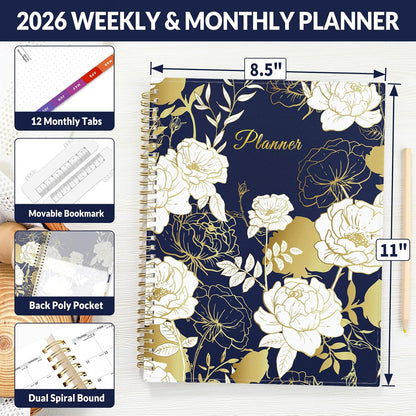 SUNEE Academic Planner 2026-2027 – Weekly & Monthly Planner, July 2026 to June 2027, 6.4"x8.3", Thick Paper, Tabs, Pockets, Bookmark, Spiral-Bound, Student Teacher Organizer, Black