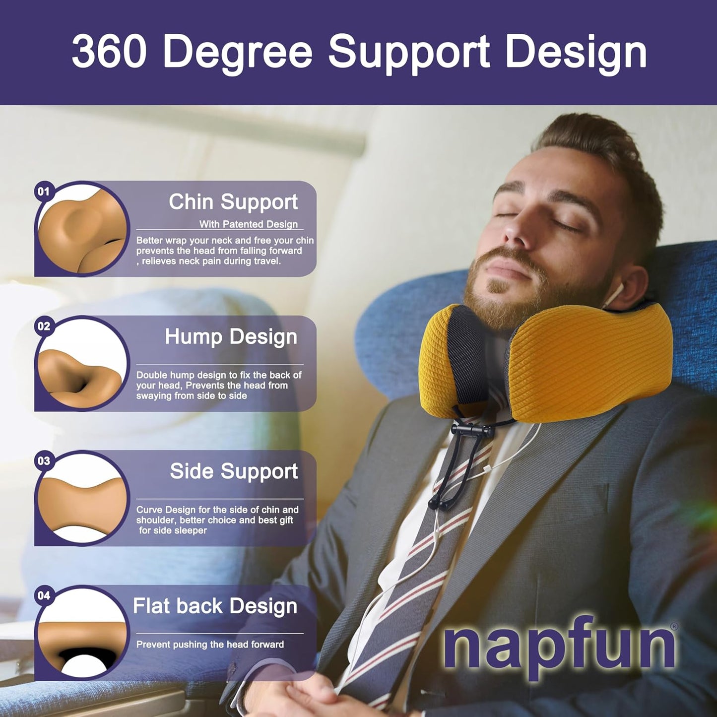 napfun Neck Pillow for Traveling, Upgraded Travel Neck Pillow for Airplane 100% Pure Memory Foam Travel Pillow for Flight Headrest Sleep, Portable Plane Accessories, Light Grey