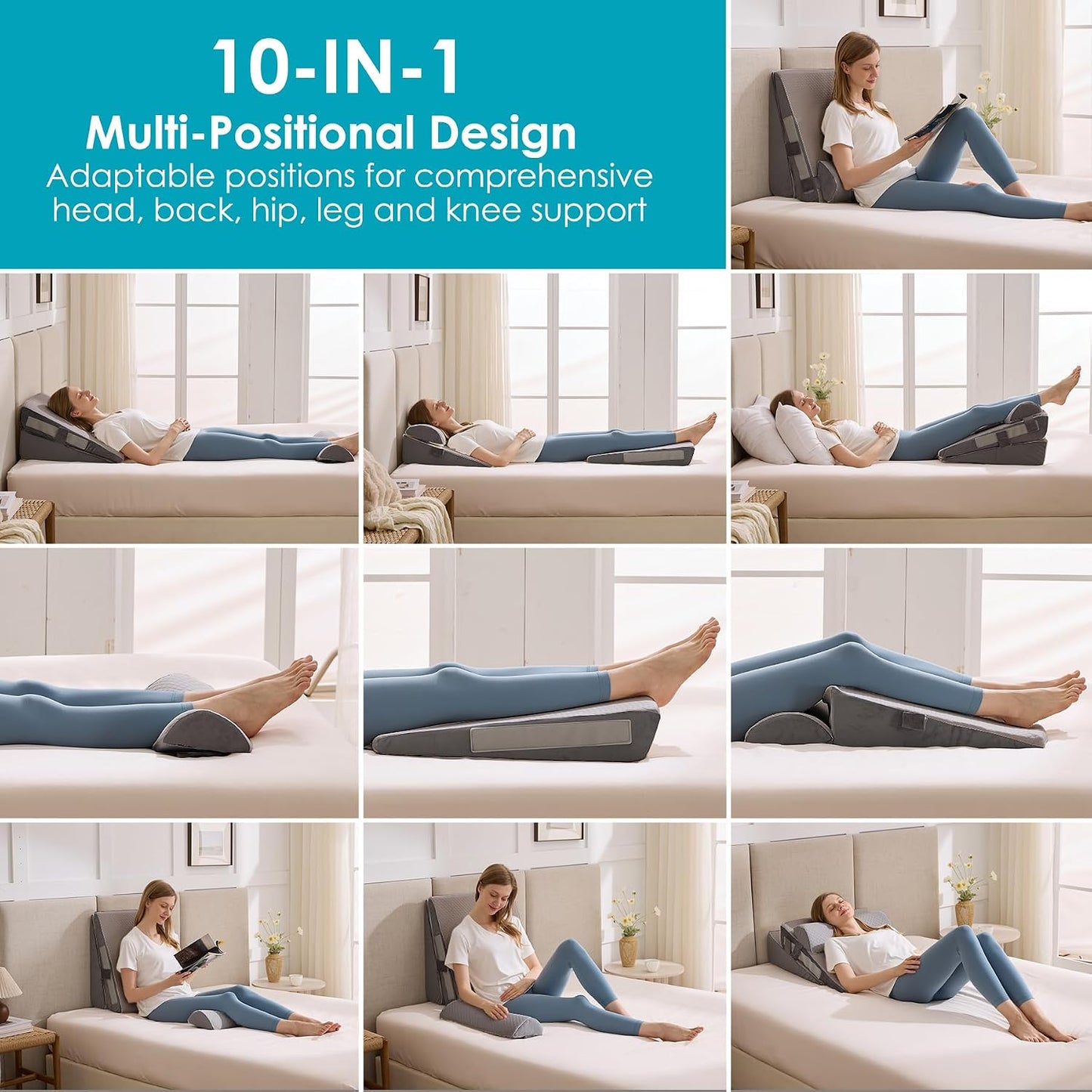 3Pcs Wedge Pillow Set for After Surgery,Acid Reflux Relief, Adjustable Bed Wedge Pillows for Sleeping,Anti Snore, Memory Foam Triangle Pillow for Back&Neck&Shoulder Pain Relief, White&Grey